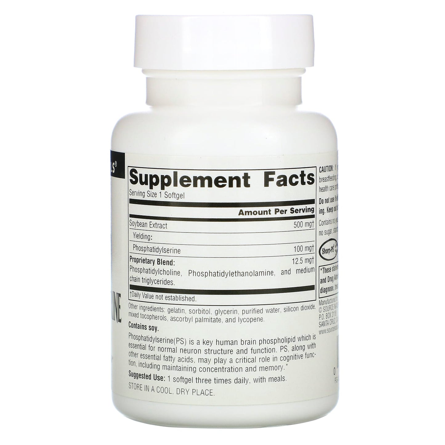 Source Naturals, Phosphatidyl Serine Complex Stabilized 500 mg, 60 Softgels UPC 021078005629 | Hilife Vitamins