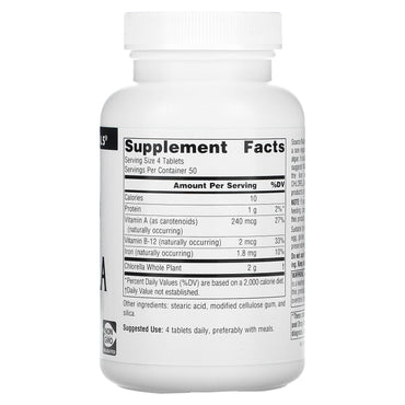 Source Naturals, Chlorella, Broken Cell Wall 500 mg, 200 Tablets UPC 021078006763 | Hilife Vitamins