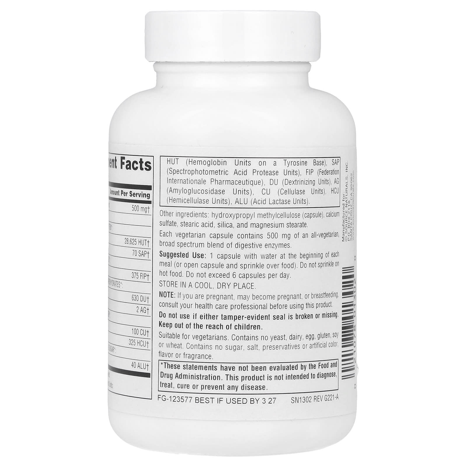Source Naturals, Essential Enzymes™ 500 mg, 120 Capsules UPC 021078013020 | Hilife Vitamins