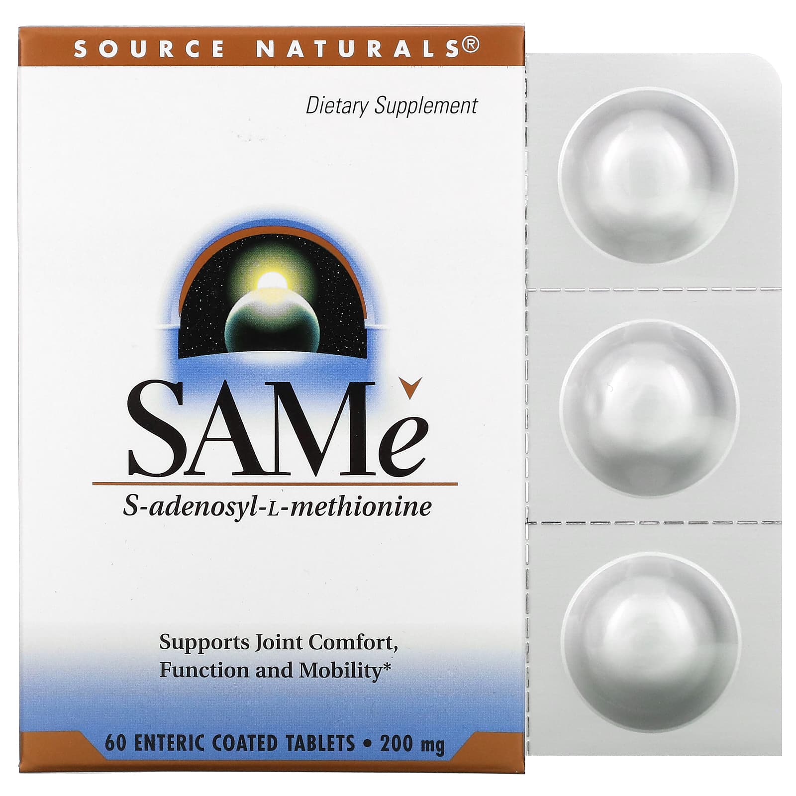 Source Naturals, SAMe 200 mg, Enteric Coated, 60 Tablets UPC 021078013358 | Hilife Vitamins