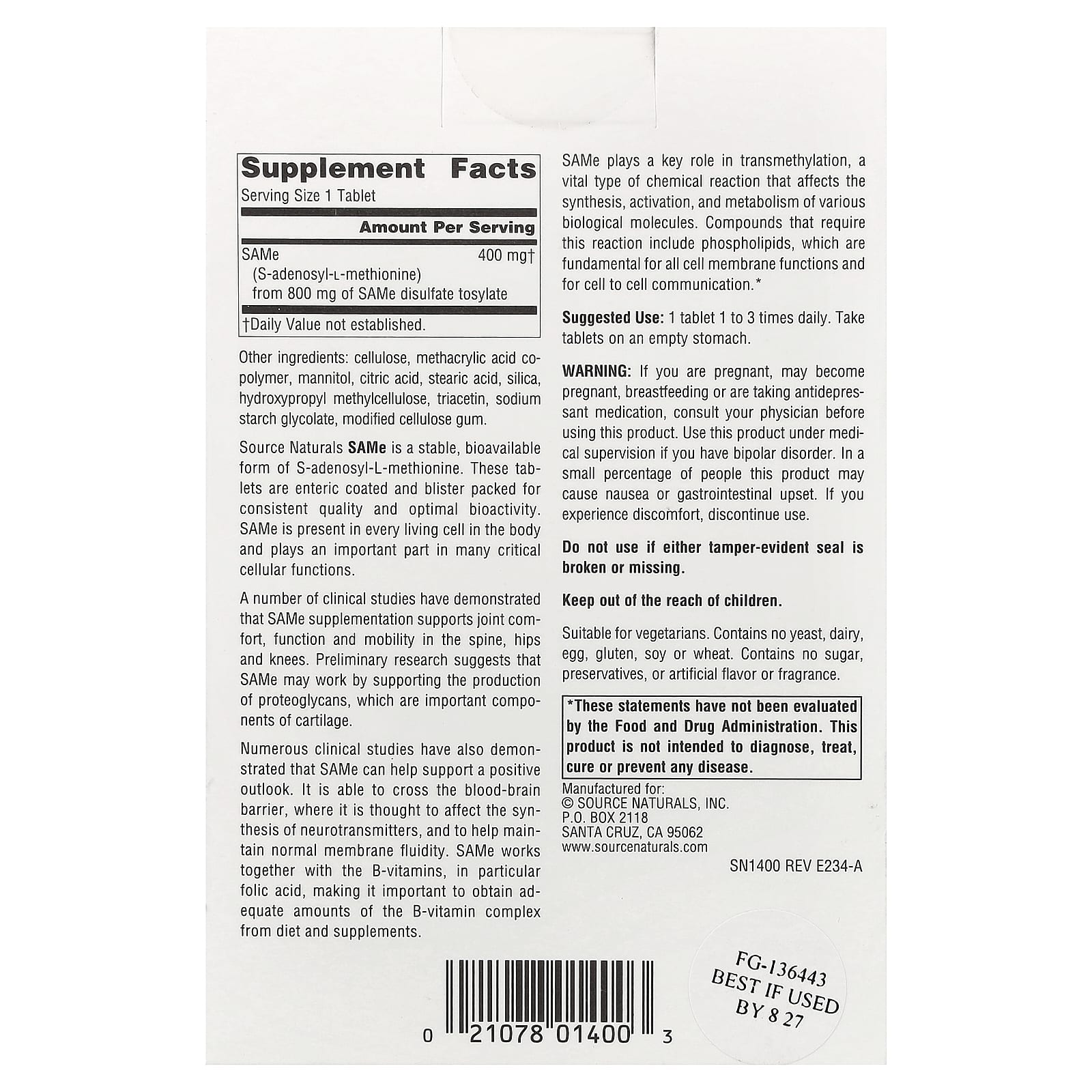 Source Naturals, SAMe , 400 mg, 30 Enteric Coated Tablets UPC 021078014003 | Hilife Vitamins
