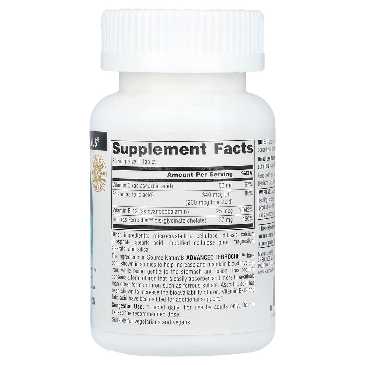 Source Naturals, Advanced Ferrochel™, 180 Tablets UPC 021078014560 | Hilife Vitamins