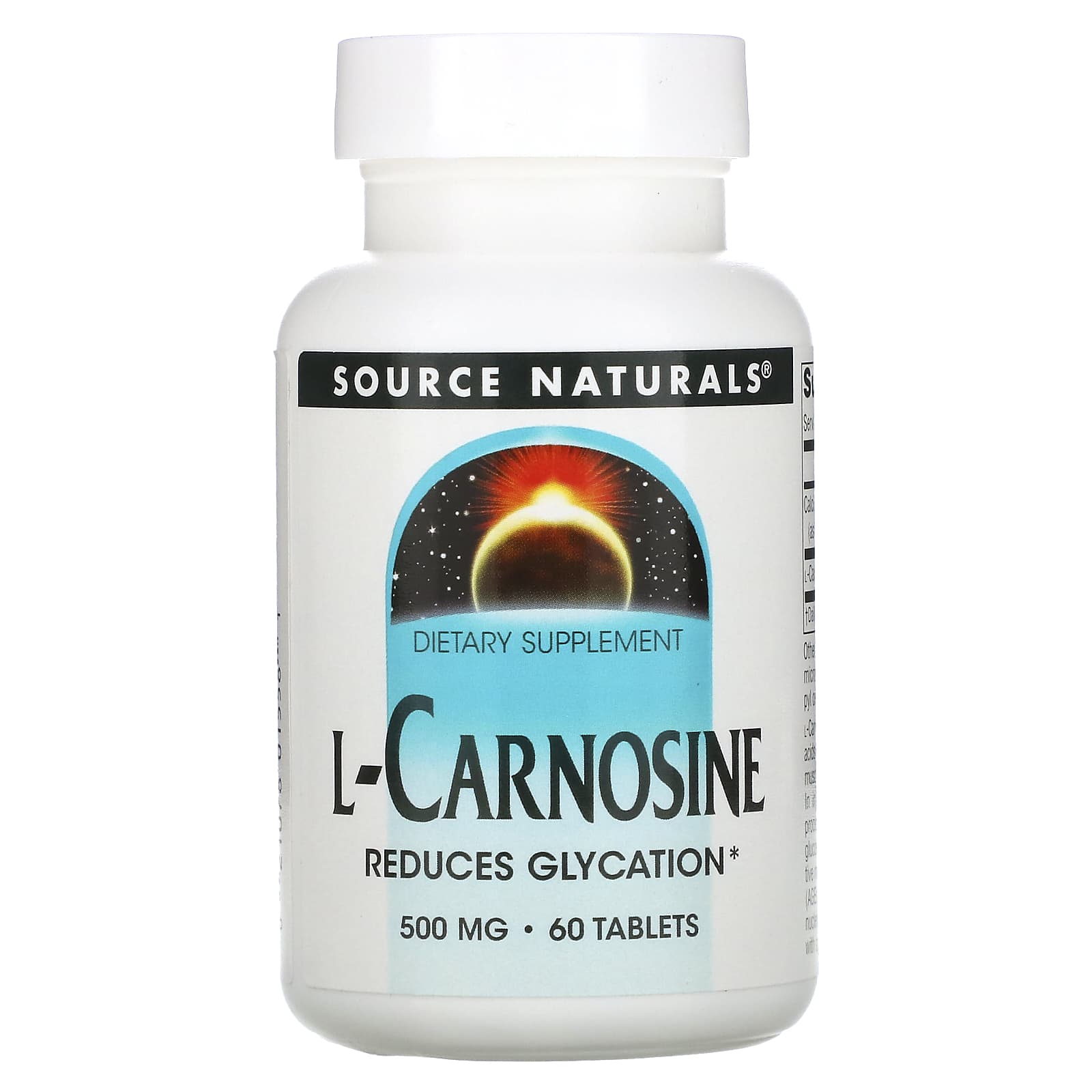 Source Naturals, L-Carnosine 500 mg, 60 Tablets UPC 021078015581 | Hilife Vitamins