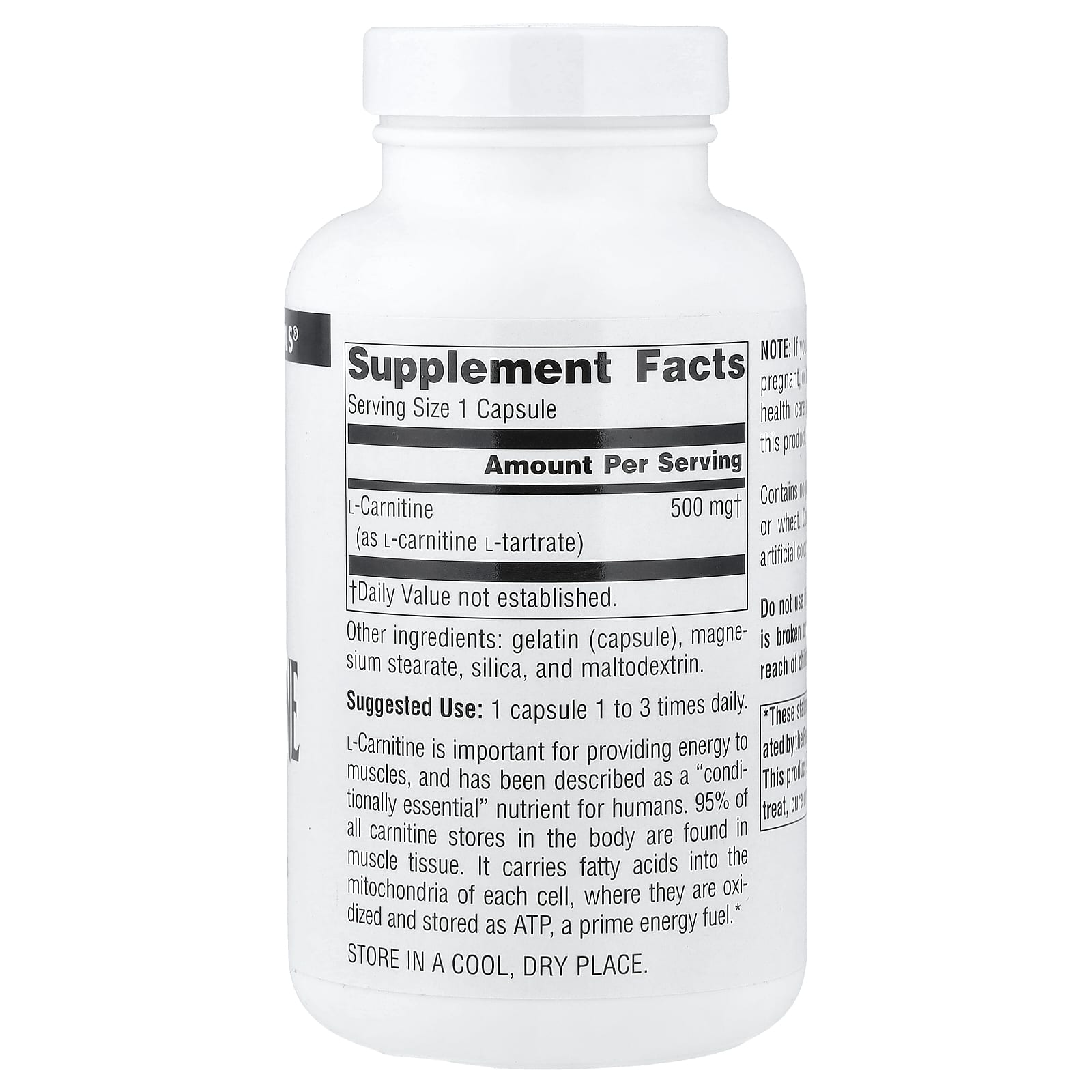 Source Naturals, L-Carnitine, 500 mg, 120 Capsules UPC 021078015703 | Hilife Vitamins