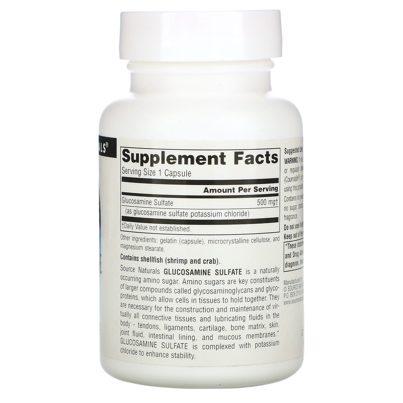 Source Naturals, Glucosamine Sulfate 500 mg, 60 Capsules UPC 021078015901 | Hilife Vitamins