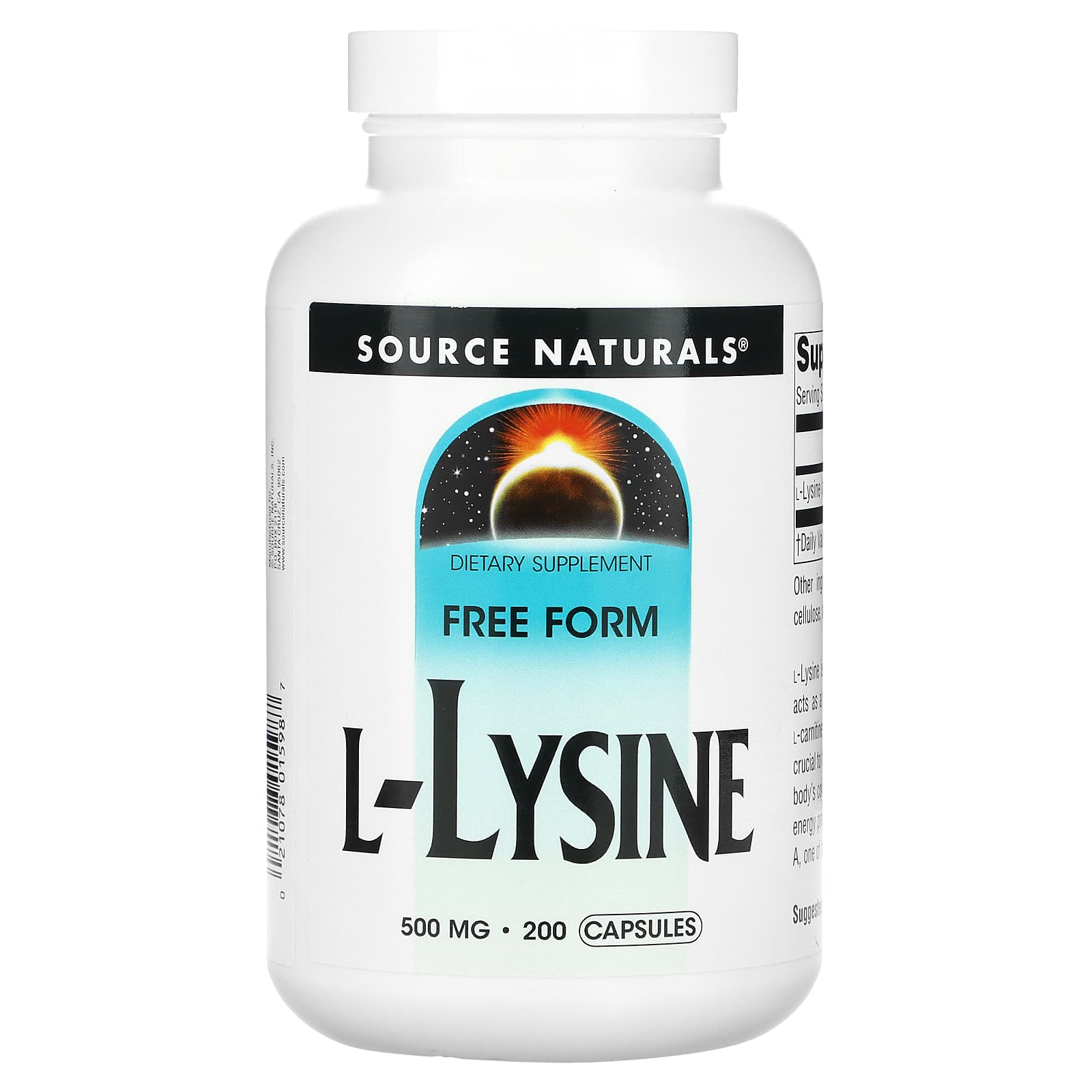 Source Naturals, L-Lysine 500 mg, 200 Capsules UPC 021078015987 | Hilife Vitamins