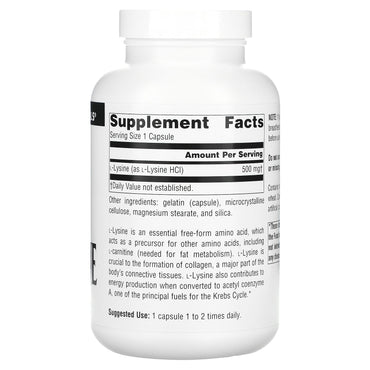 Source Naturals, L-Lysine 500 mg, 200 Capsules UPC 021078015987 | Hilife Vitamins