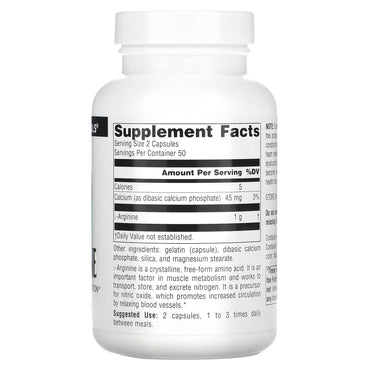 Source Naturals, L-Arginine 500 mg, 100 Capsules UPC 021078016878 | Hilife Vitamins