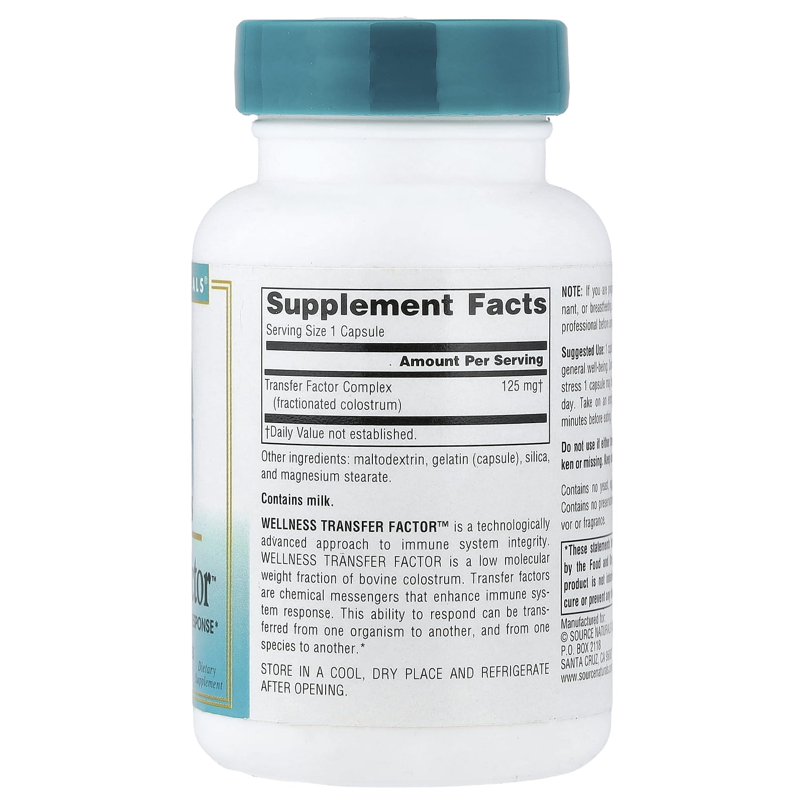 Source Naturals, Wellness Transfer Factor, 125 mg, 60 Capsules UPC 021078018162 | Hilife Vitamins