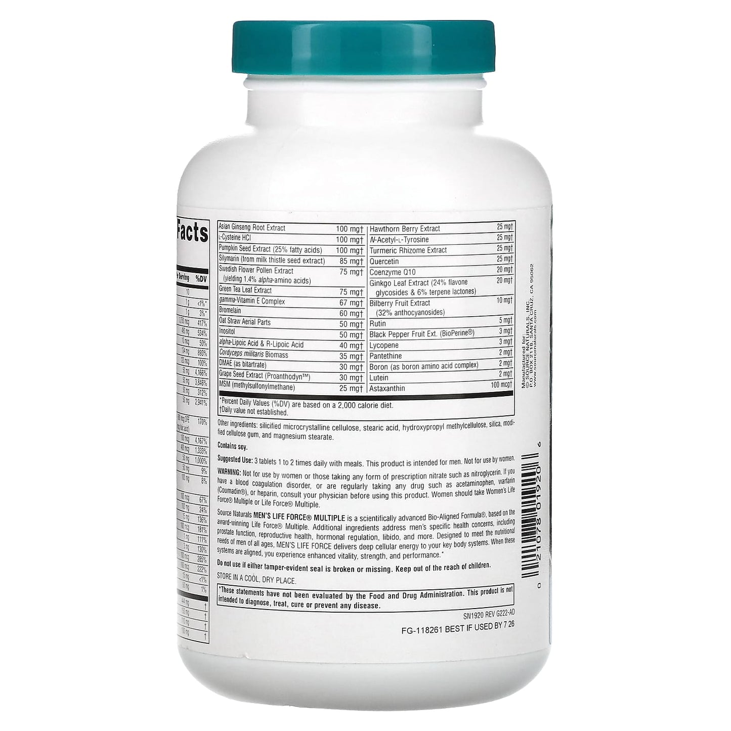 Source Naturals, Men's Life Force Multiple, 180 Tablets UPC 021078019206 | Hilife Vitamins