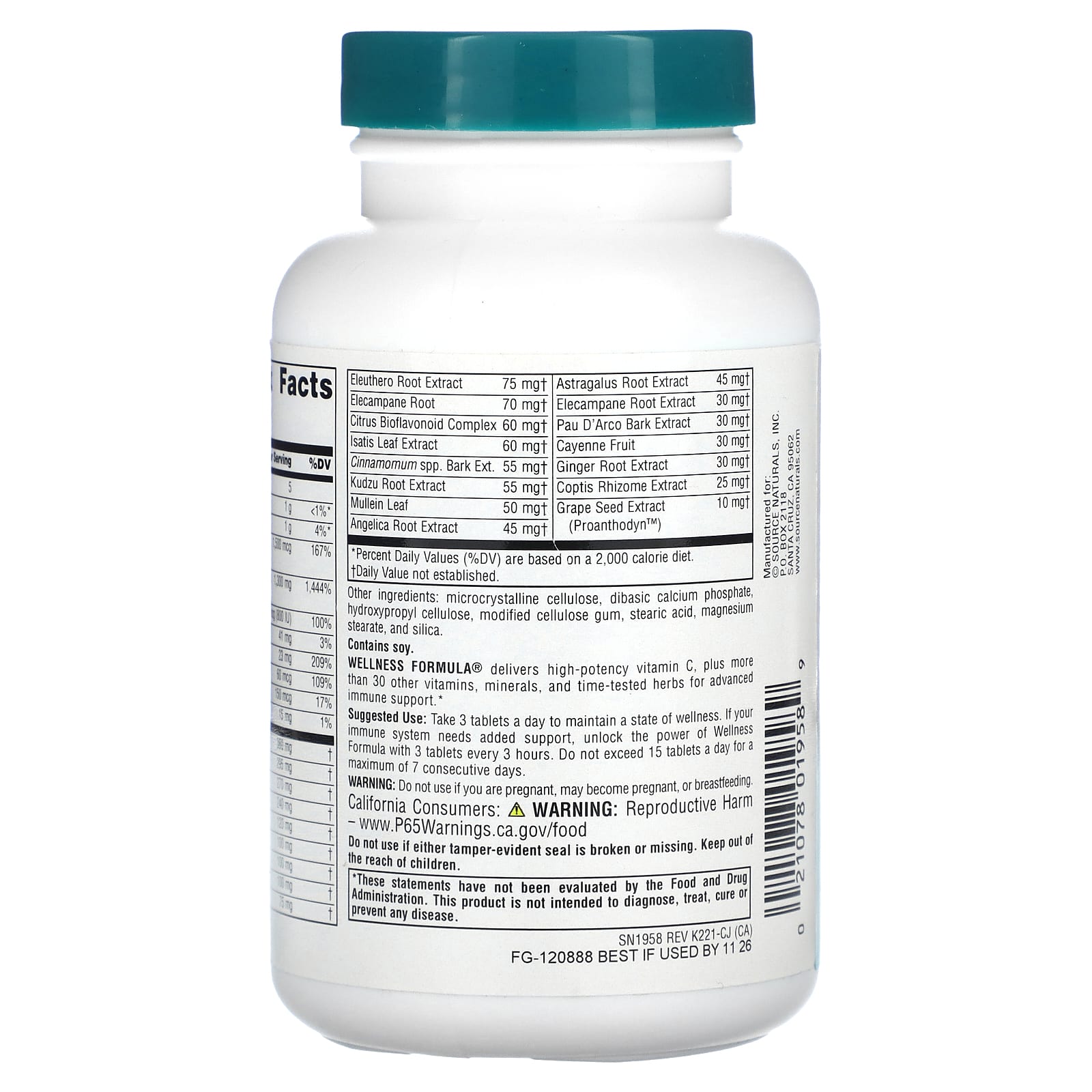 Source Naturals, Wellness Formula®, (CA Formula), 90 Tablets UPC 021078019589 | Hilife Vitamins
