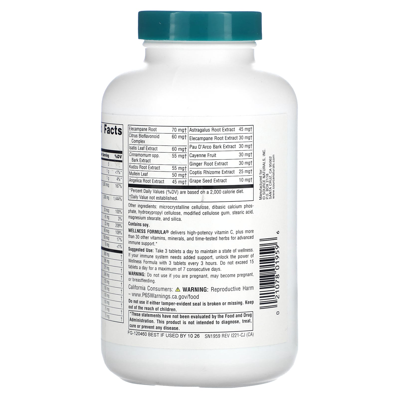 Source Naturals, Wellness Formula®, (CA Formula), 180 Tablets UPC 021078019596 | HiLife Vitamins