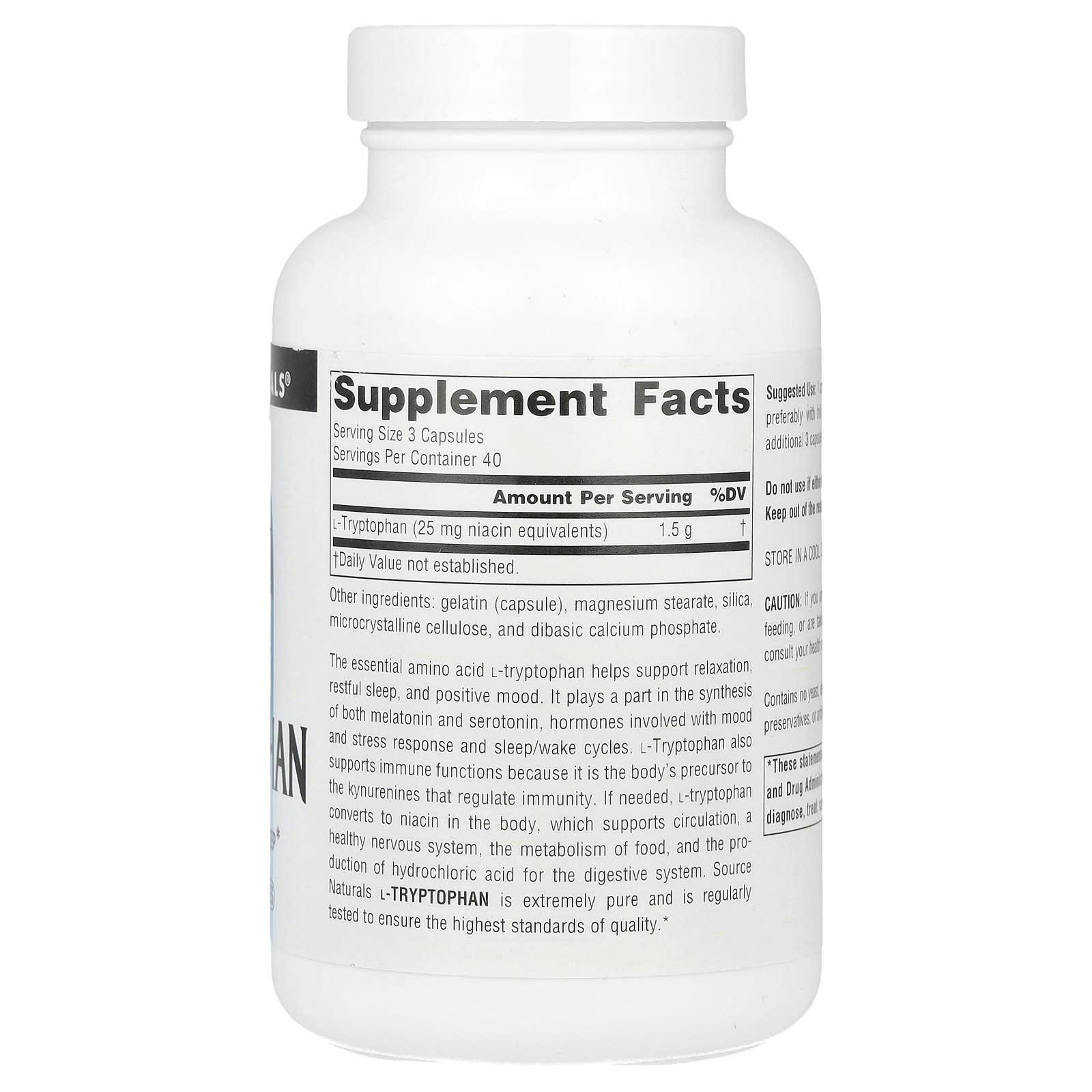 Source Naturals, L-Tryptophan 500 mg, 120 Capsules UPC 021078019855 | Hilife Vitamins