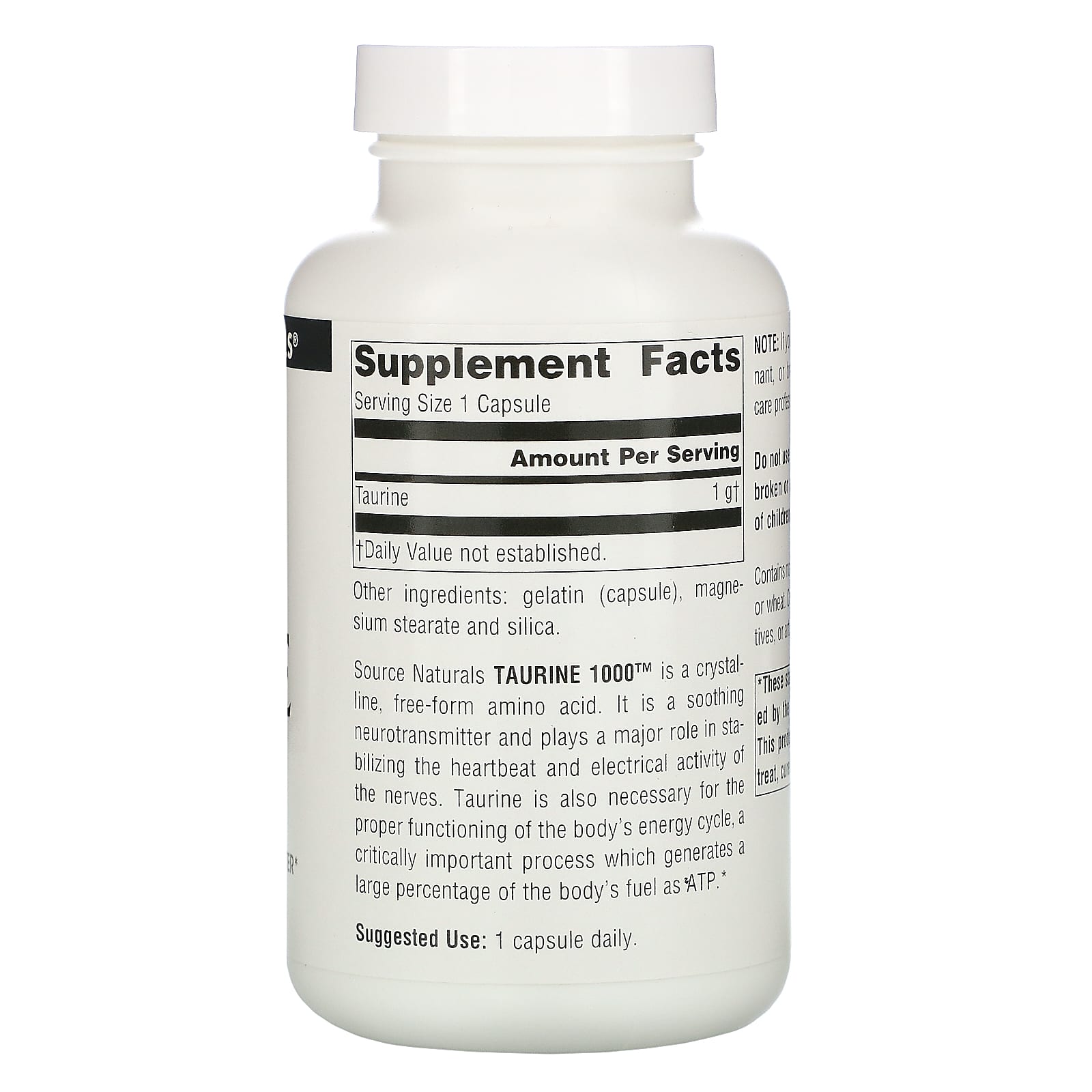 Source Naturals, TAURINE 1000 CAP 1000MG 120C, 120 Capsules UPC 021078020684 | Hilife Vitamins