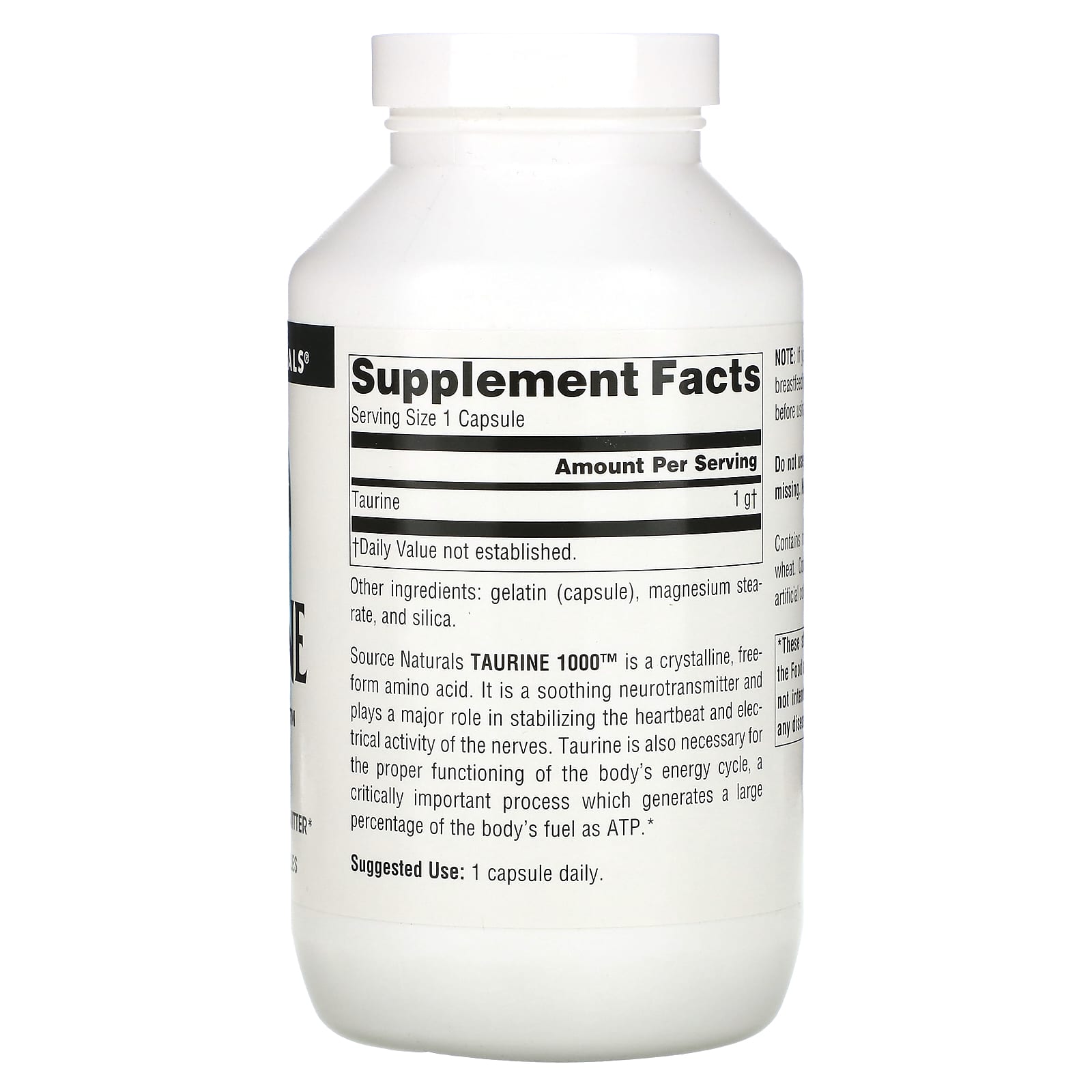 Source Naturals, TAURINE 1000, 240 Capsules UPC 021078020691 | Hilife Vitamins
