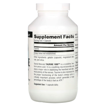 Source Naturals, TAURINE 1000, 240 Capsules UPC 021078020691 | Hilife Vitamins