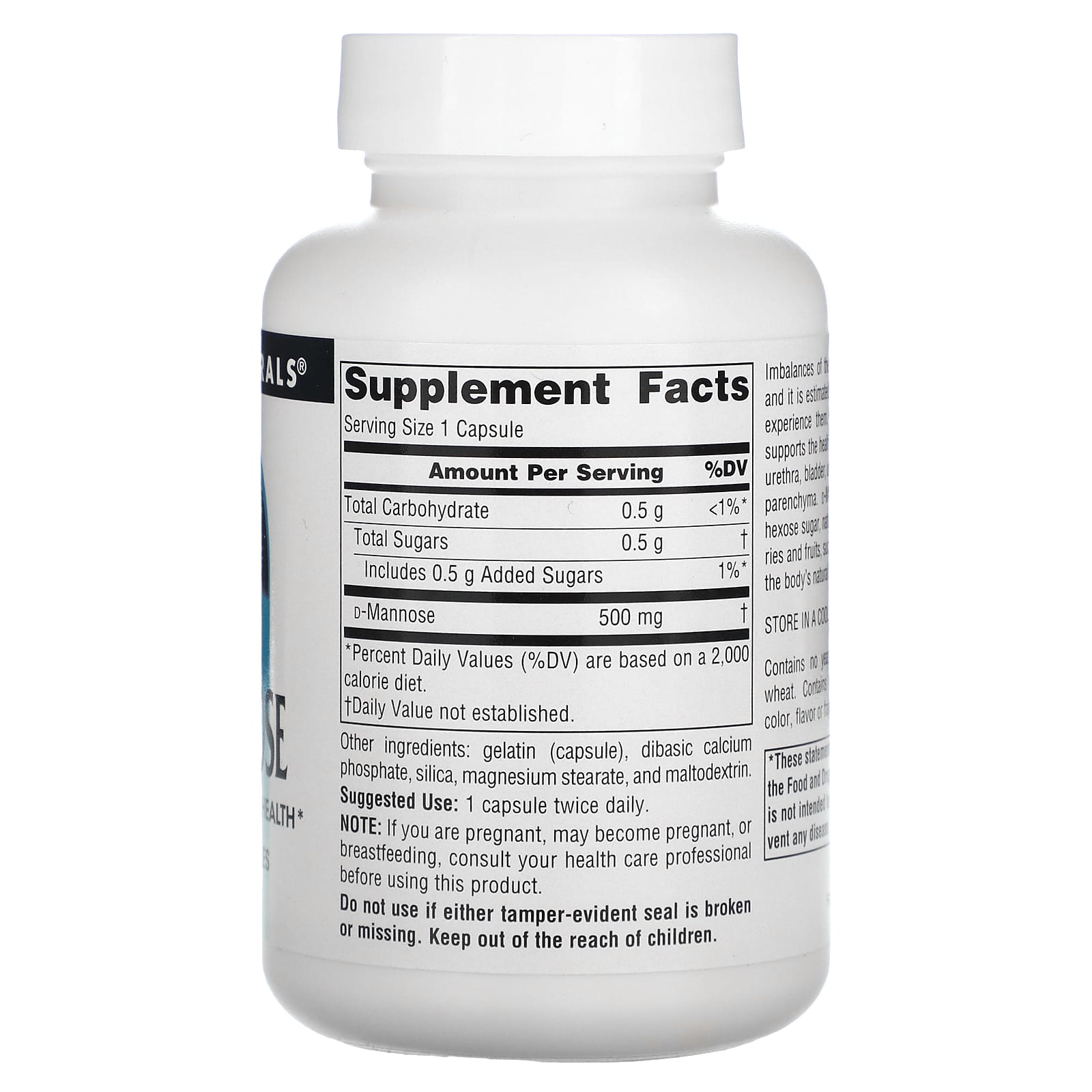 Source Naturals, D-Mannose 500 mg, 60 Capsules UPC 021078021988 | HiLife Vitamins