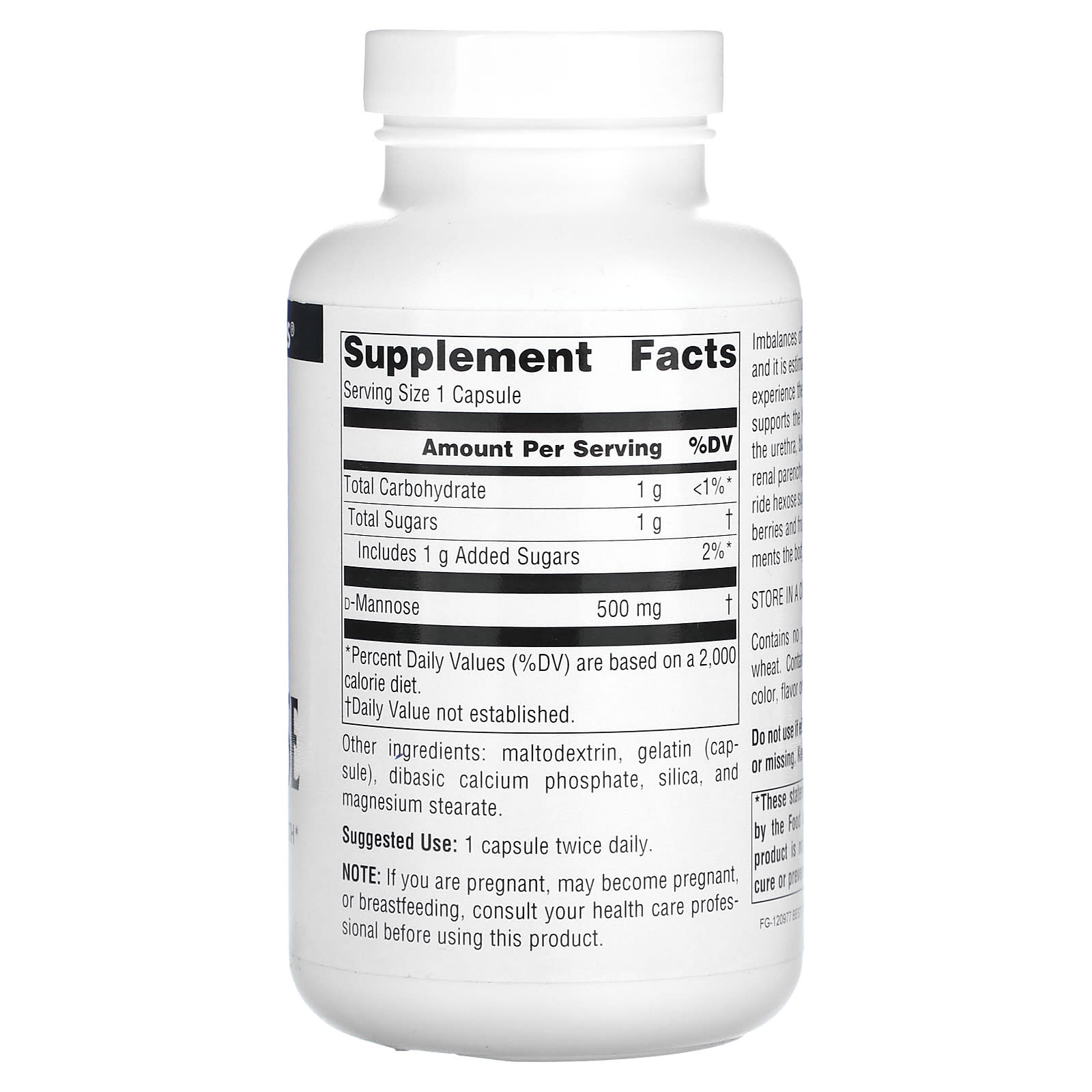 Source Naturals, D-Mannose 500 mg, 120 Capsules UPC 021078021995 | HiLife Vitamins