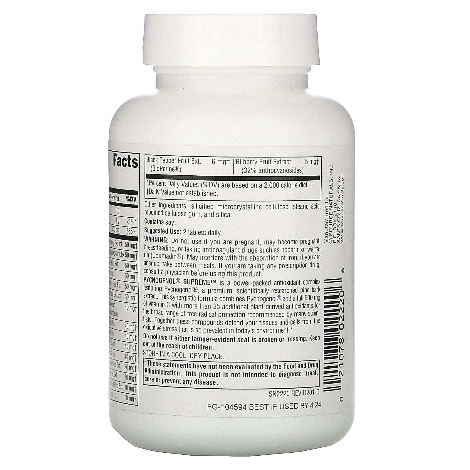 Source Naturals, Pycnogenol® Supreme™, 60 Tablets UPC 021078022206 | Hilife Vitamins