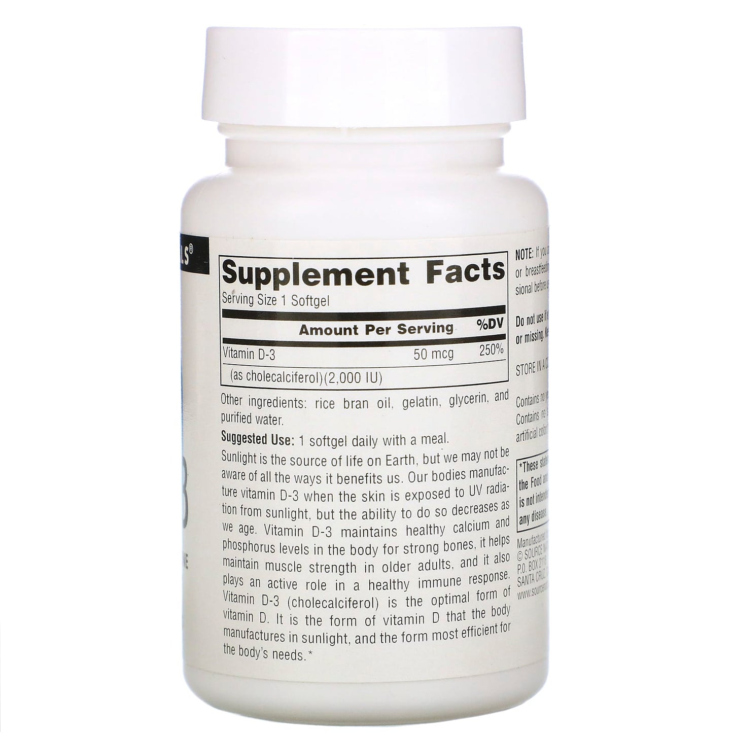 Source Naturals, Vitamin D-3 2000 IU, 200 Softgels UPC 021078022374 | Hilife Vitamins