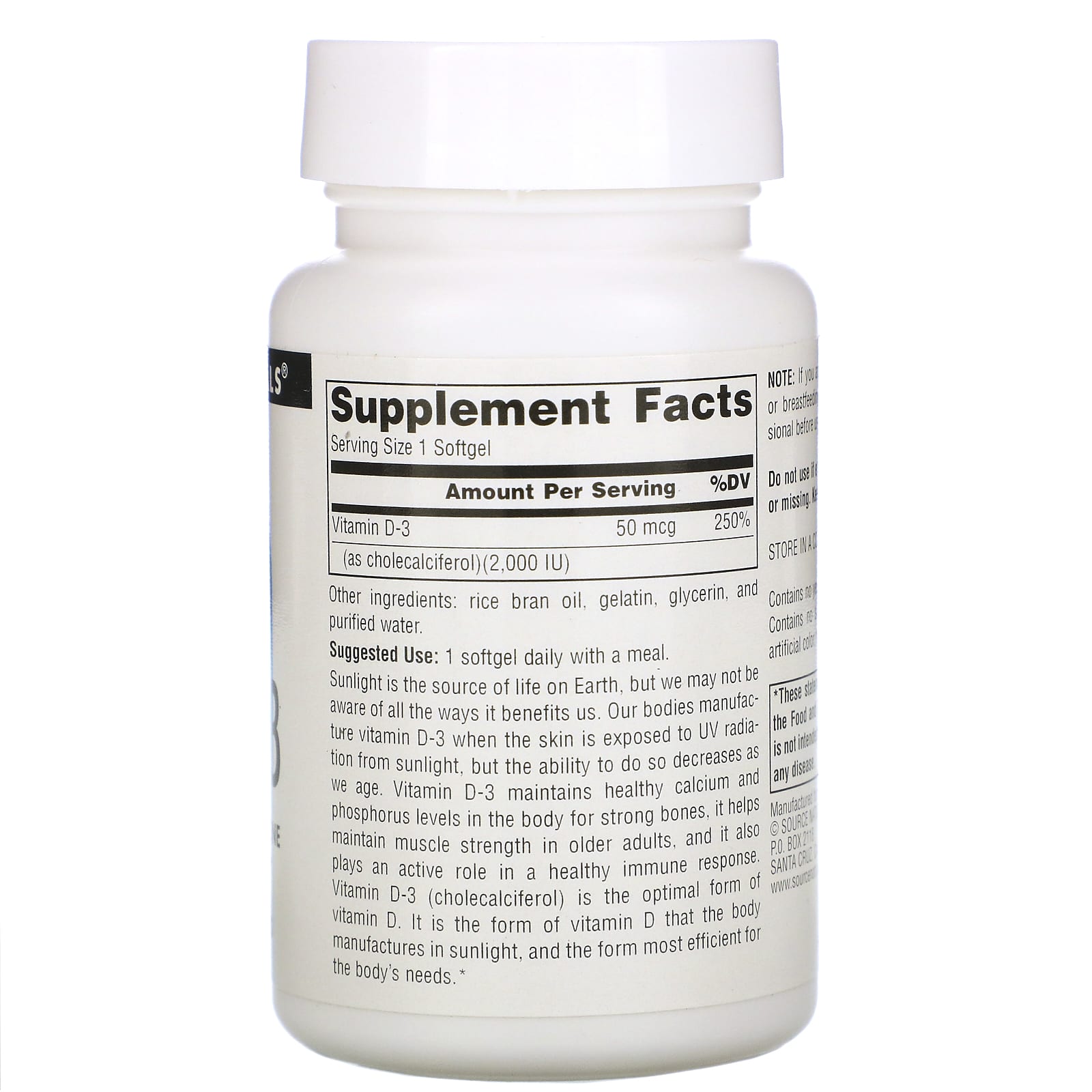 Source Naturals, Vitamin D-3 2000 IU, 200 Softgels UPC 021078022374 | Hilife Vitamins