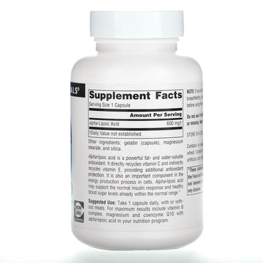 Source Naturals, Alpha Lipoic Acid 600 mg, 60 Capsules UPC 021078024385 | Hilife Vitamins
