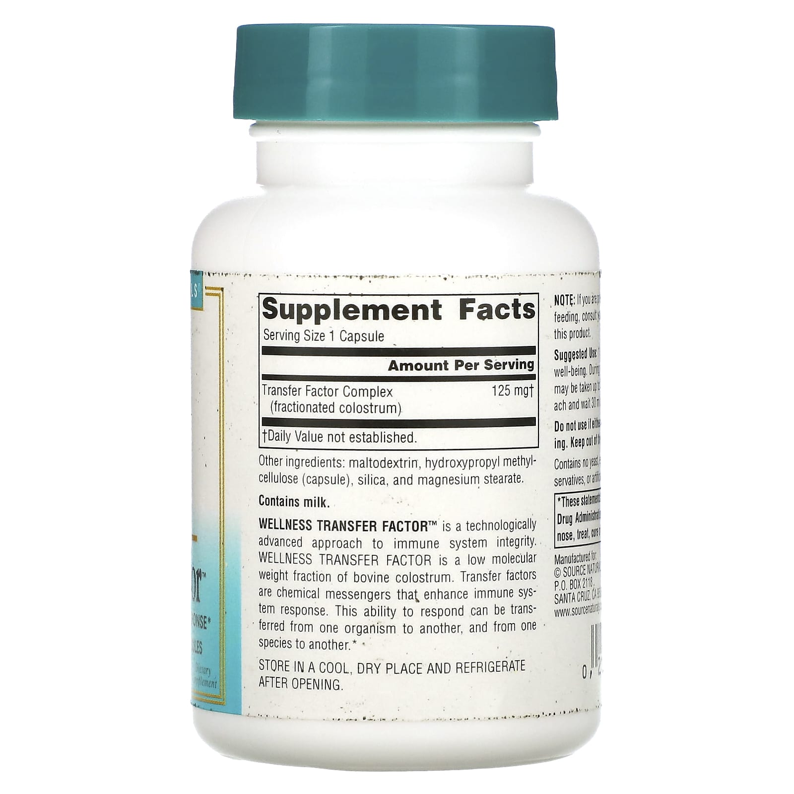 Source Naturals, Wellness Transfer Factor™ 125 mg, 60 Capsules UPC 021078026358 | Hilife Vitamins