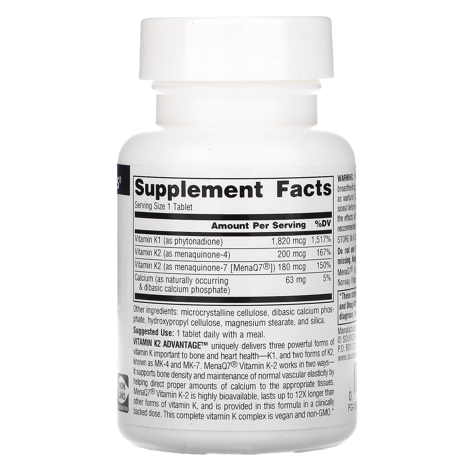 Source Naturals, Vitamin K2 Advantage 2200 mcg, 60 Tablets UPC 021078027102 | Hilife Vitamins