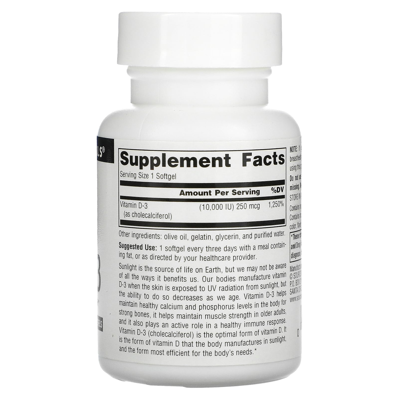 Source Naturals, Vitamin D-3 10000 IU, 120 Softgels UPC 021078027928 | HiLife Vitamins