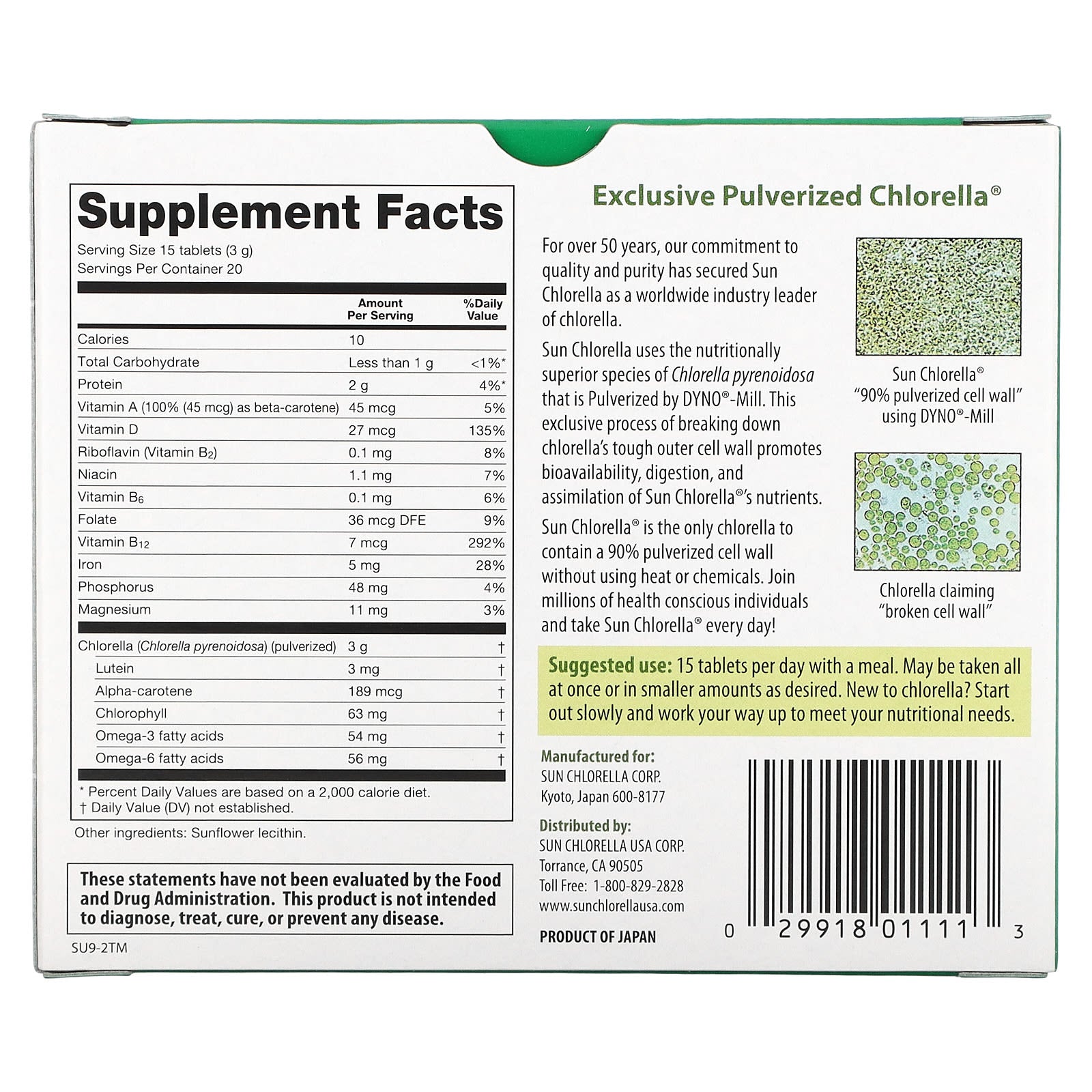 Sun Chlorella (Net Cost), Chlorella Regular 200mg, 300 Tablets UPC 029918011113 | Hilife Vitamins