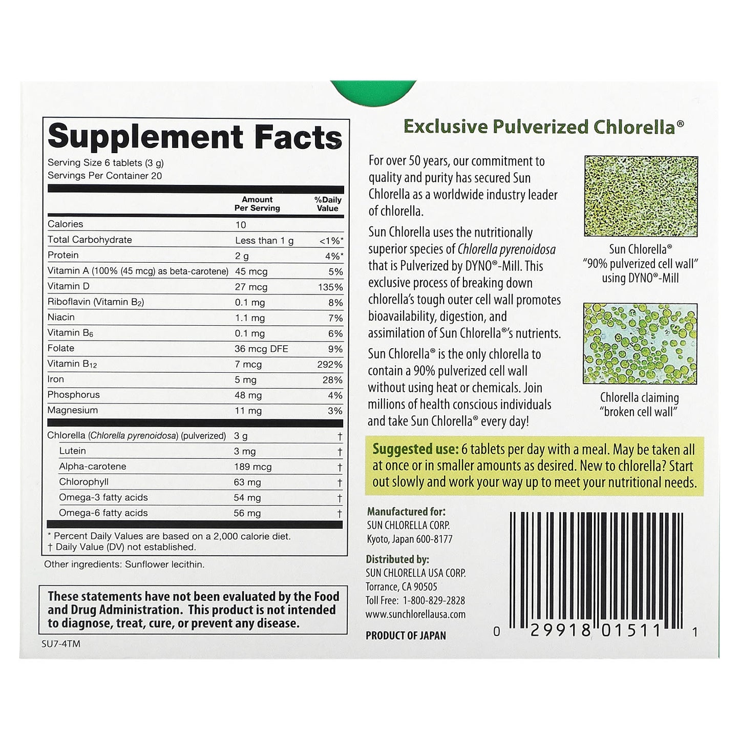 Sun Chlorella (Net Cost), Sun Chlorella 500mg, 120 Tablets UPC 029918015111 | Hilife Vitamins