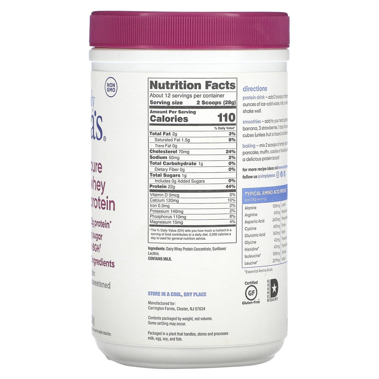 Teras Whey, Plain Cow Whey rBGH Free (Unsweetened), 12 Oz UPC 850628002036 | Hilife Vitamins