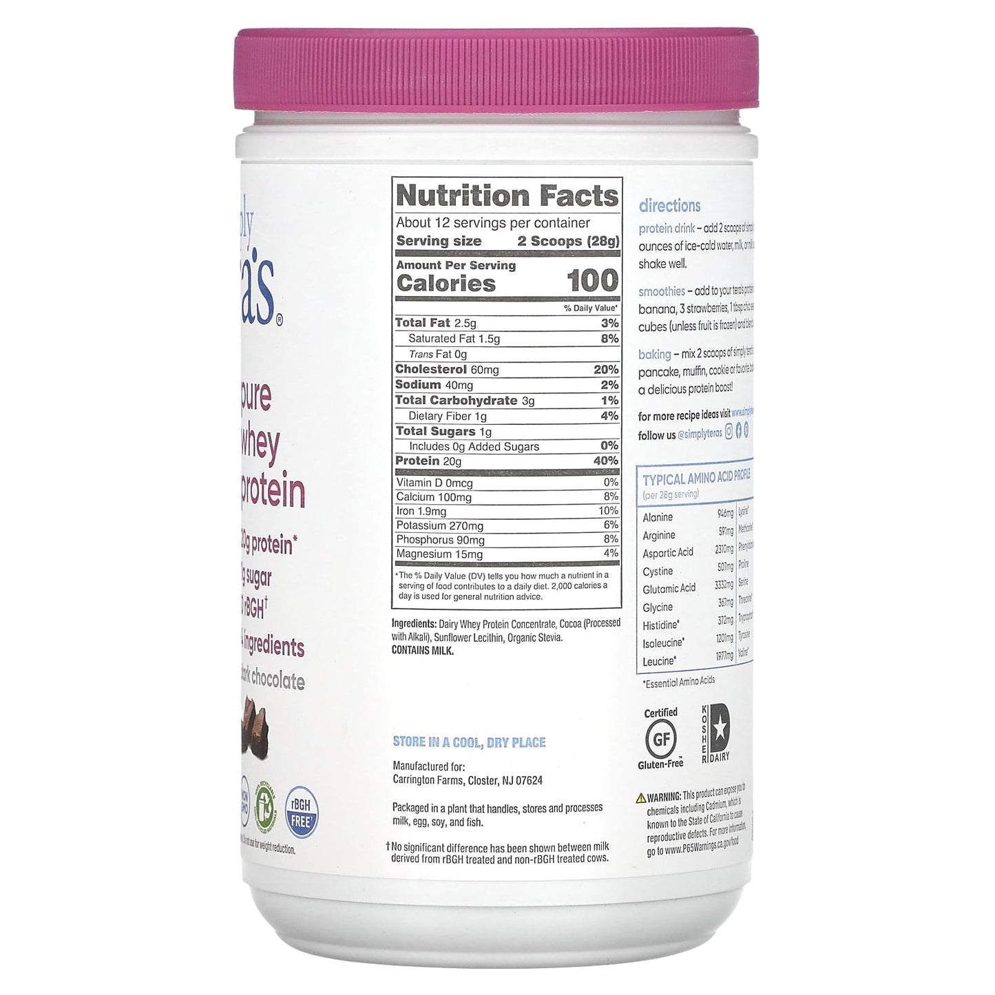 Teras Whey, Cow Whey rBGH Free Fair Trade Dark Chocolate, 12 Oz UPC 850628002180 | Hilife Vitamins