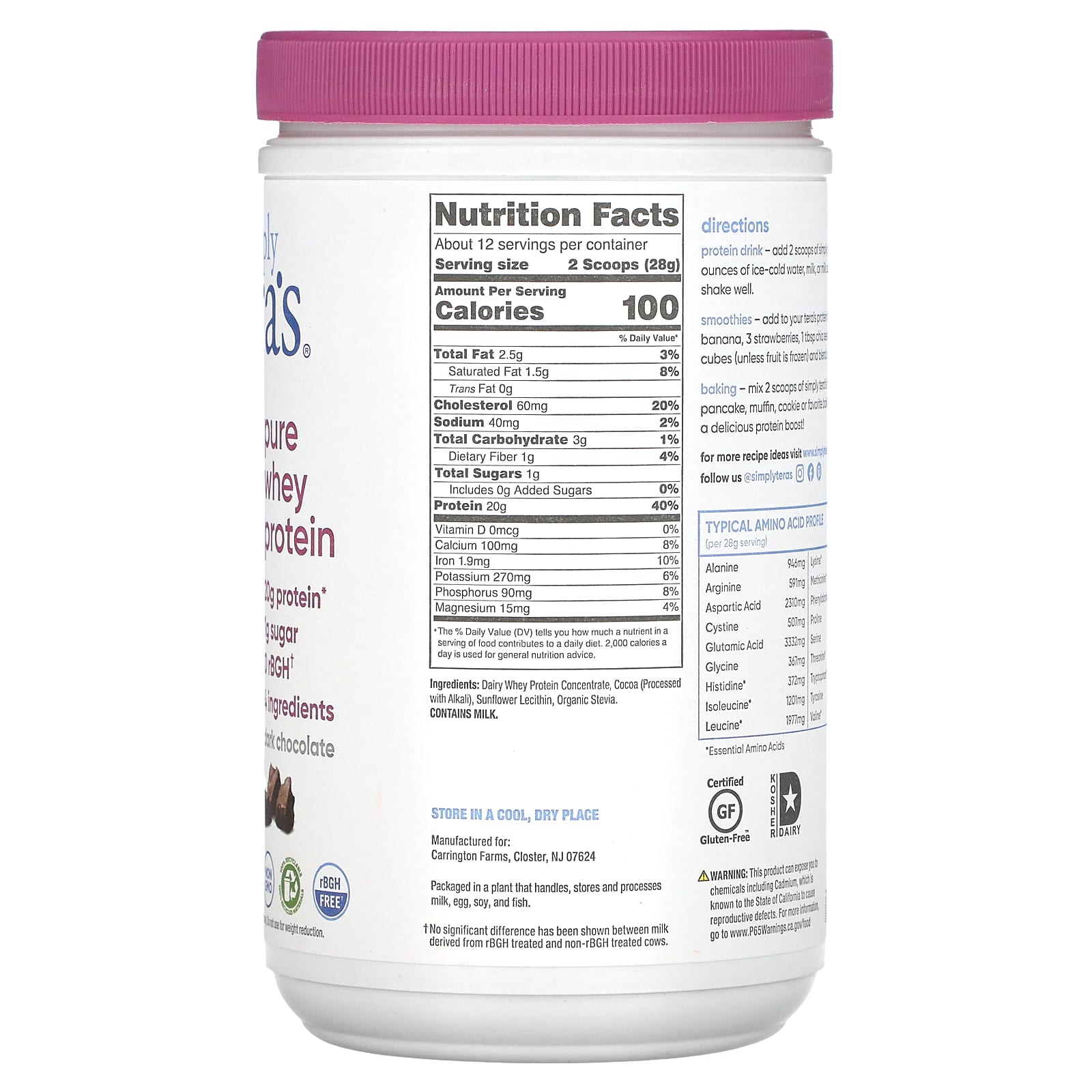 Teras Whey, Cow Whey rBGH Free Fair Trade Dark Chocolate, 12 Oz UPC 850628002180 | Hilife Vitamins