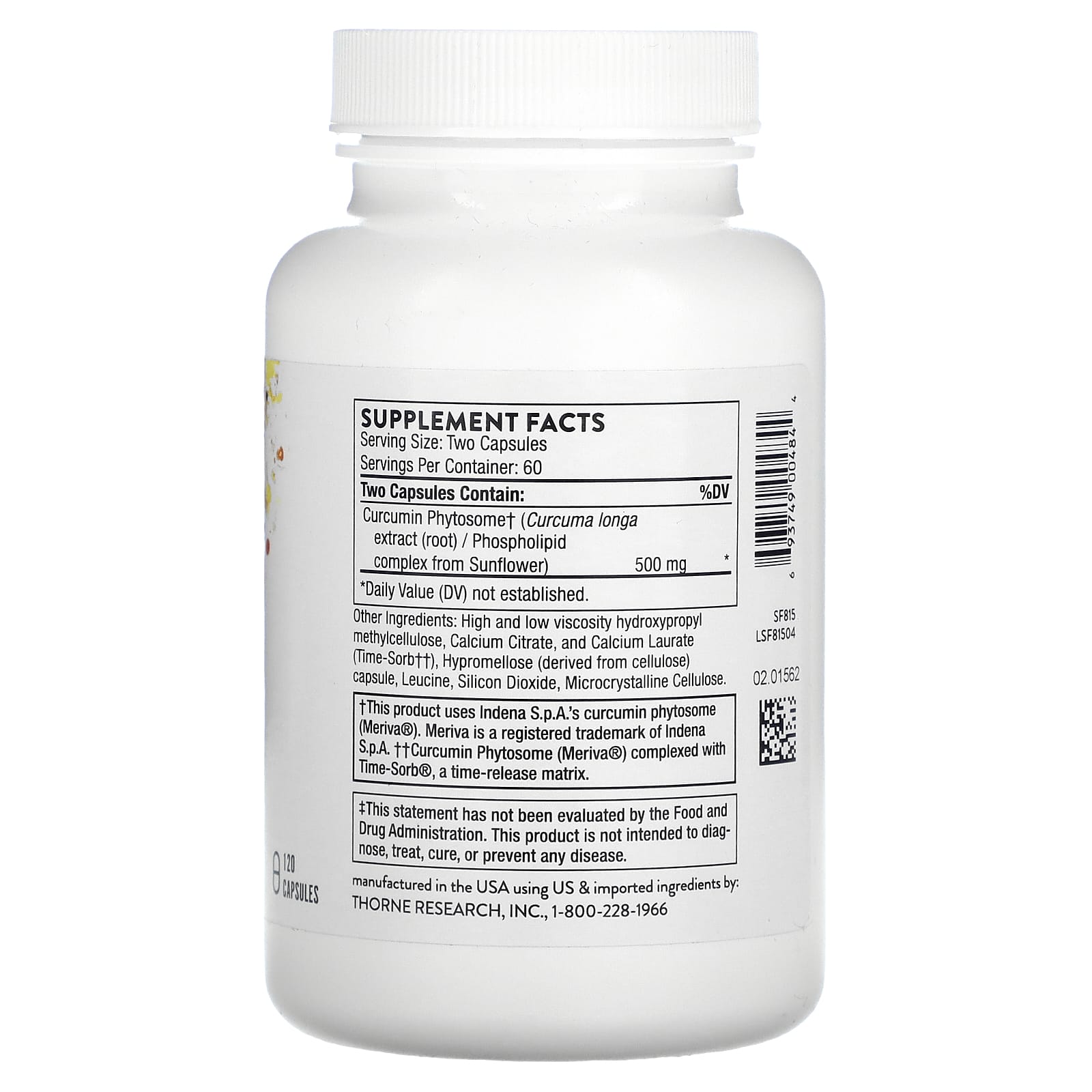Thorne Research, Curcumin Phytosome 500 mg (Sustained Release), 120 Capsules UPC 693749004844 | HiLife Vitamins