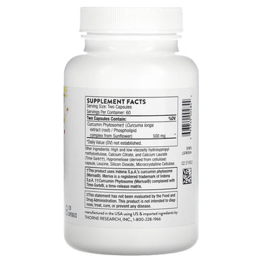 Thorne Research, Curcumin Phytosome 500 mg (Sustained Release), 120 Capsules UPC 693749004844 | HiLife Vitamins