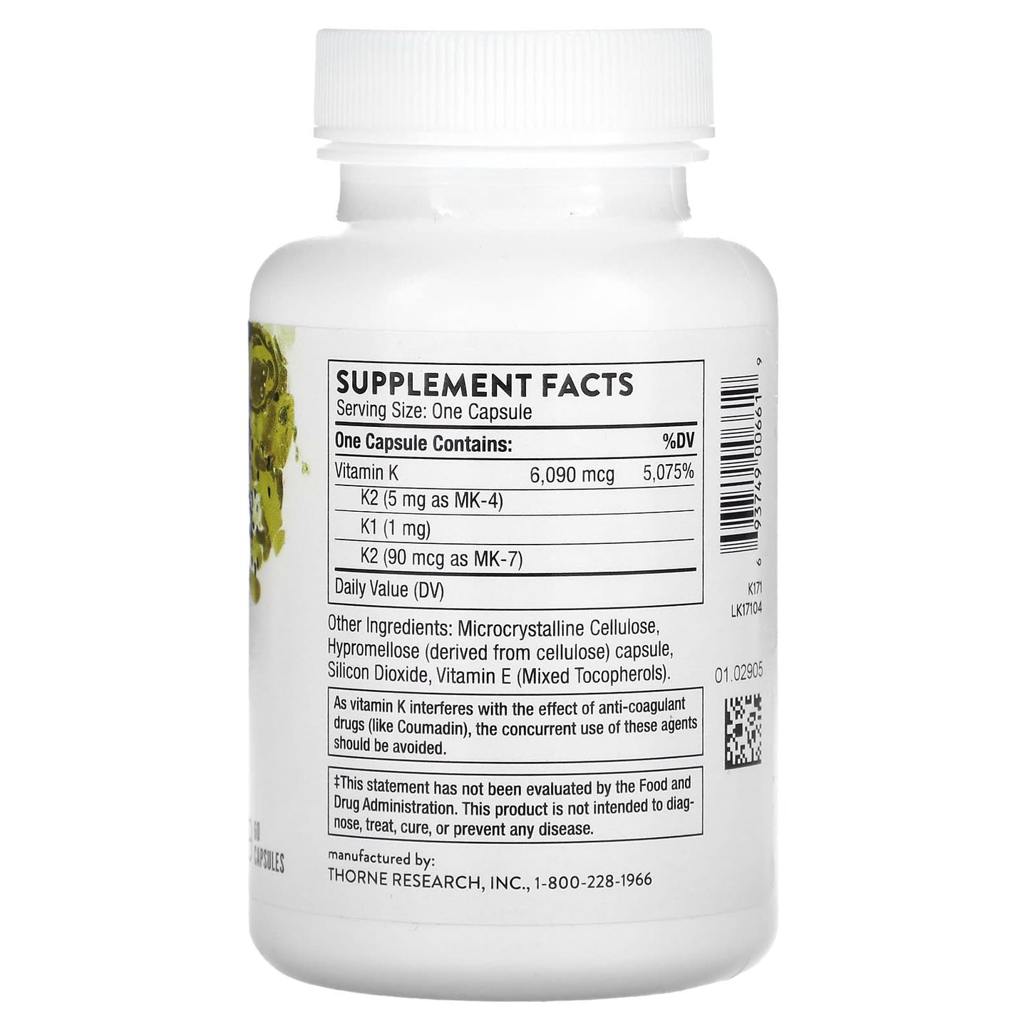 Thorne Research, Vitamin K, 60 Capsules UPC 693749006619 | HiLife Vitamins