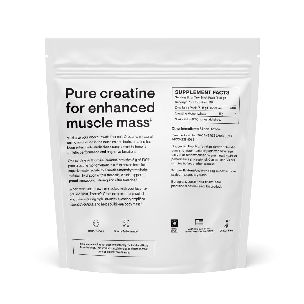 Thorne Research, Creatine, 30 Stick Packs, 0.18 OZ (5.15 g) UPC 693749015116 | HiLife Vitamins