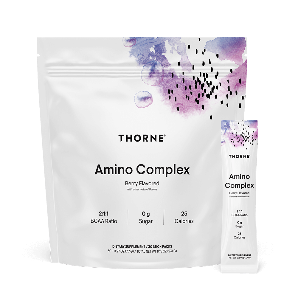 Thorne Research, Amino Complex, Berry Flavored, 30 Stick Packs, 0.27 oz (7.7 G) UPC 693749015178 | HiLife Vitamins