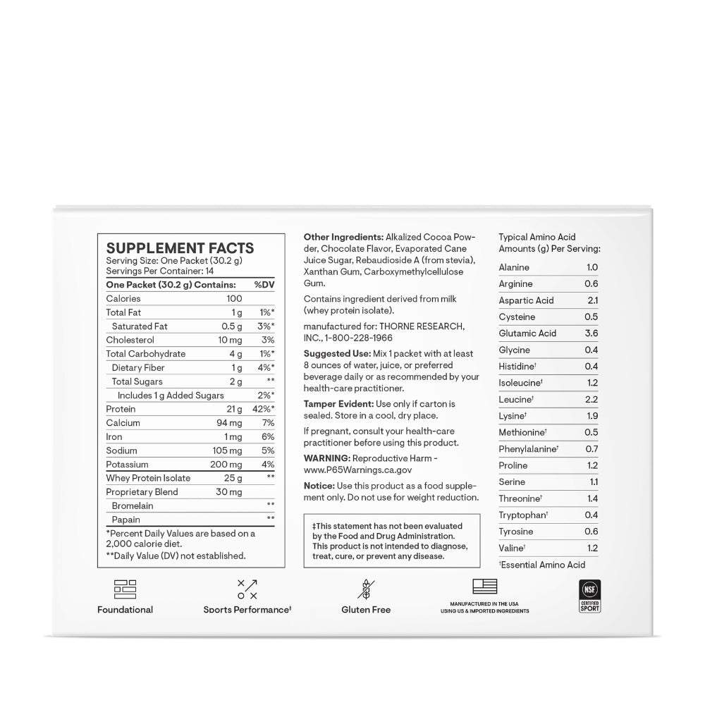 Thorne Research, Whey Protein Isolate, Chocolate Flavor, 14 Packets 1.06 OZ (30.2G) UPC 693749015192 | HiLife Vitamins