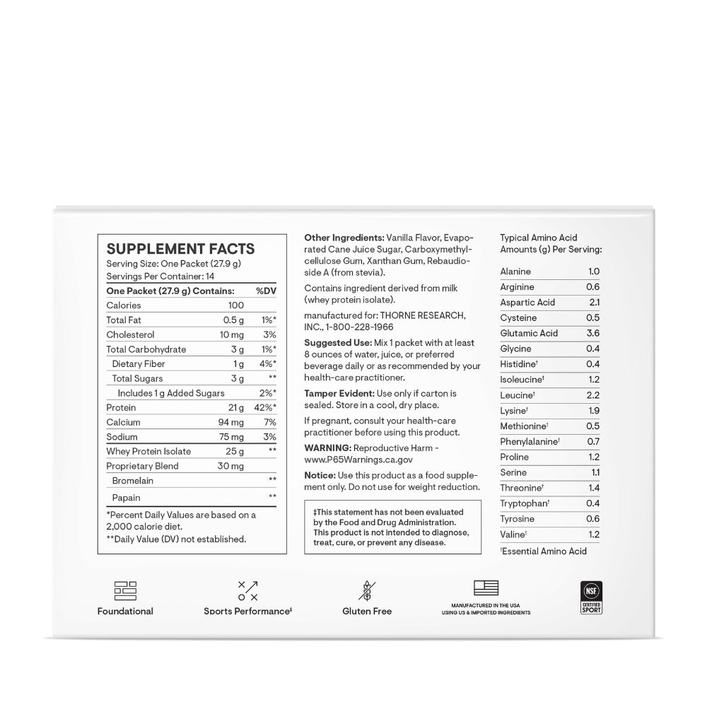 Thorne Research, Whey Protein Isolate, Vanilla Flavor, 14 Packets 0.98 OZ (27.9G) UPC 693749015215 | HiLife Vitamins