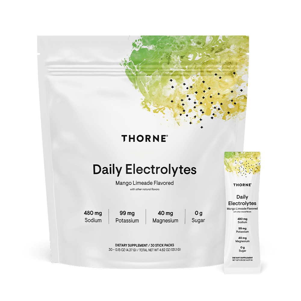 Thorne Research, Daily Electrolytes, Mango Limeade Flavored, 30 Stick Packs, 0.15 oz (4.37 G) UPC 693749015291 | HiLife Vitamins