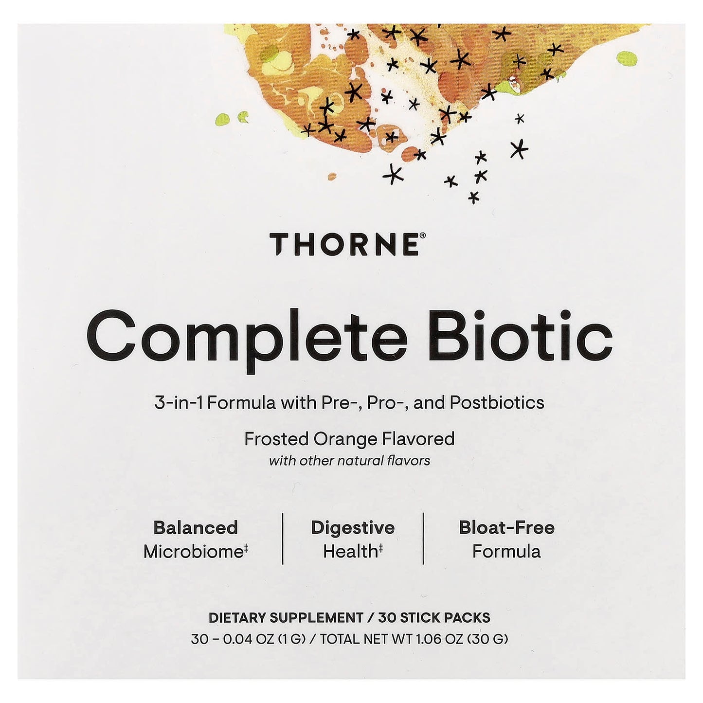 Thorne Research, Complete Biotic, Frosted Orange, 30 Stick Packs, 0.04 oz (1 g) Each - 693749015352 | Hilife Vitamins