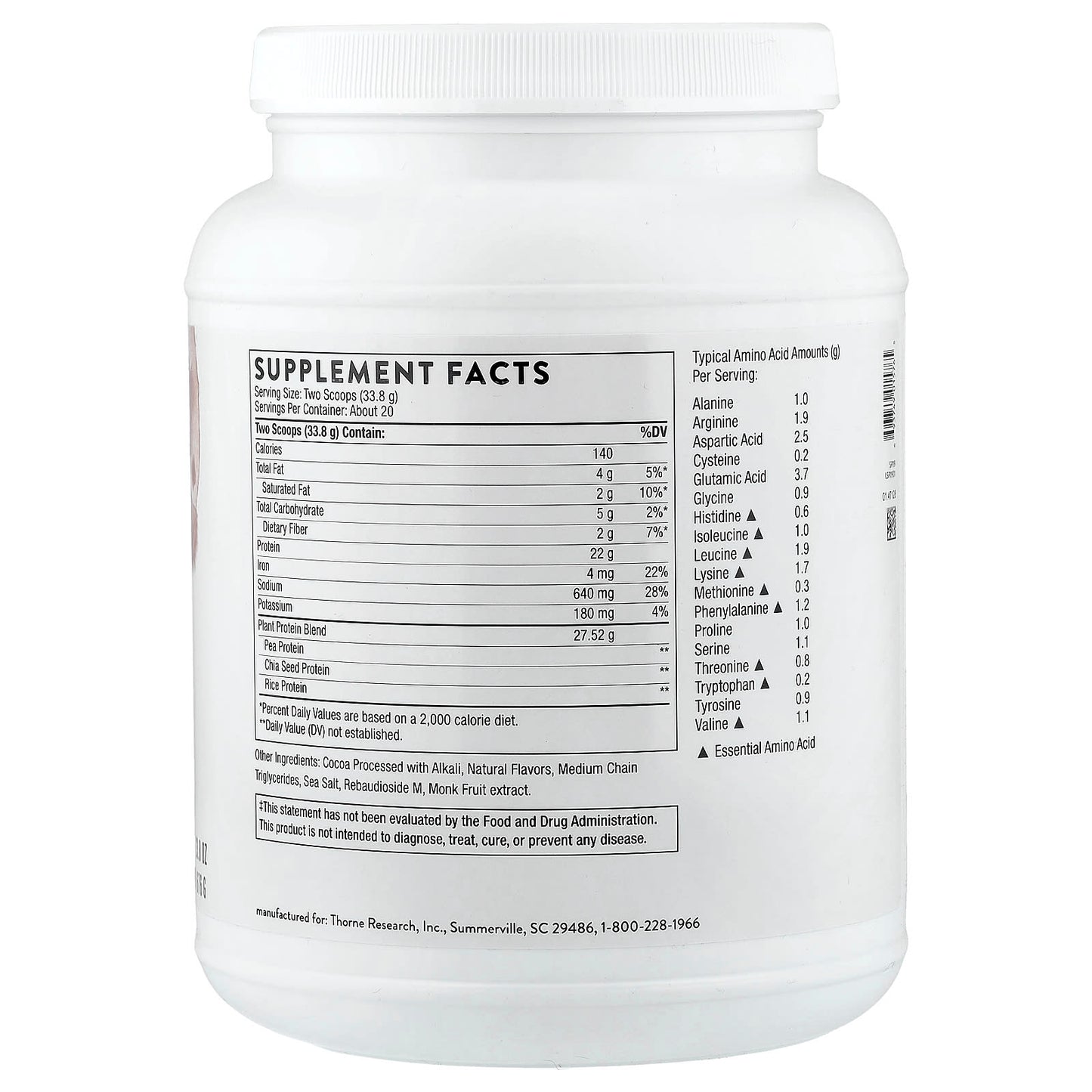 Thorne Research, Plant Protein, Chocolate, 1.49 lb (676 g) - 693749015765 | Hilife Vitamins