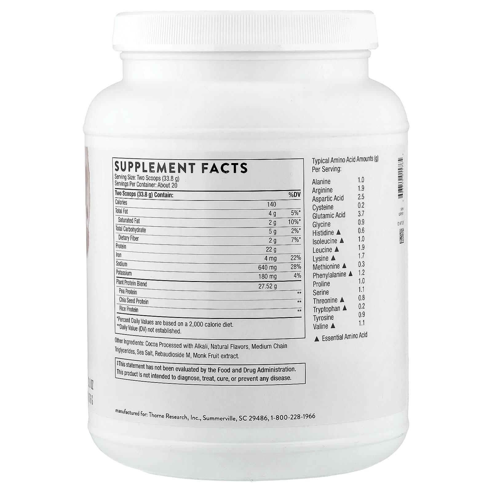 Thorne Research, Plant Protein, Chocolate, 1.49 lb (676 g) - 693749015765 | Hilife Vitamins