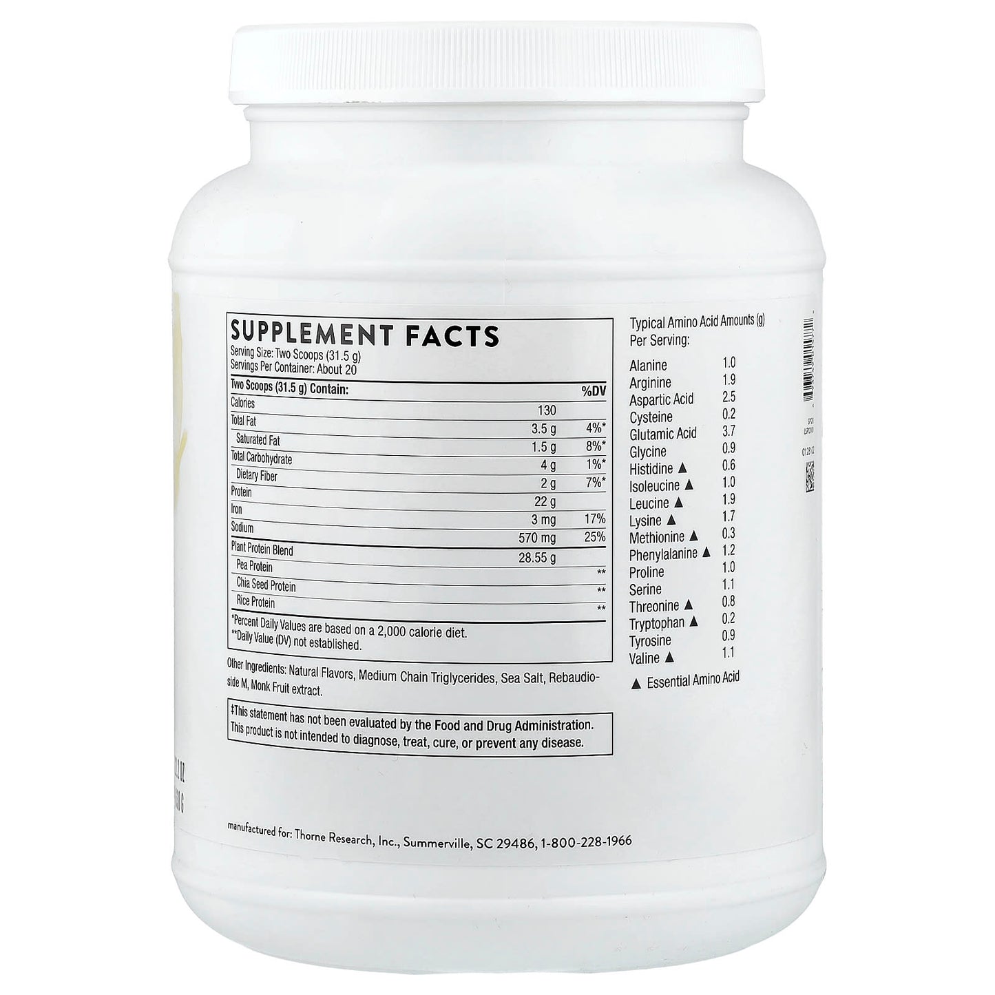 Thorne Research, Plant Protein, Vanilla, 1.39 lb (630 g) - 693749015772 | Hilife Vitamins