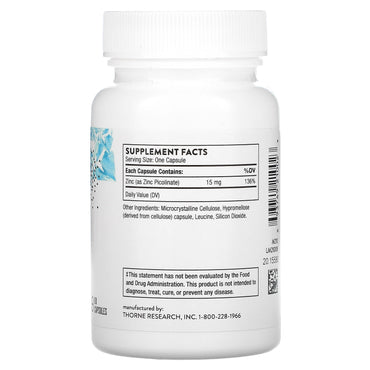 Thorne Research, Zinc Picolinate 15 mg, 60 Vegetarian Capsules UPC 693749210023 | HiLife Vitamins