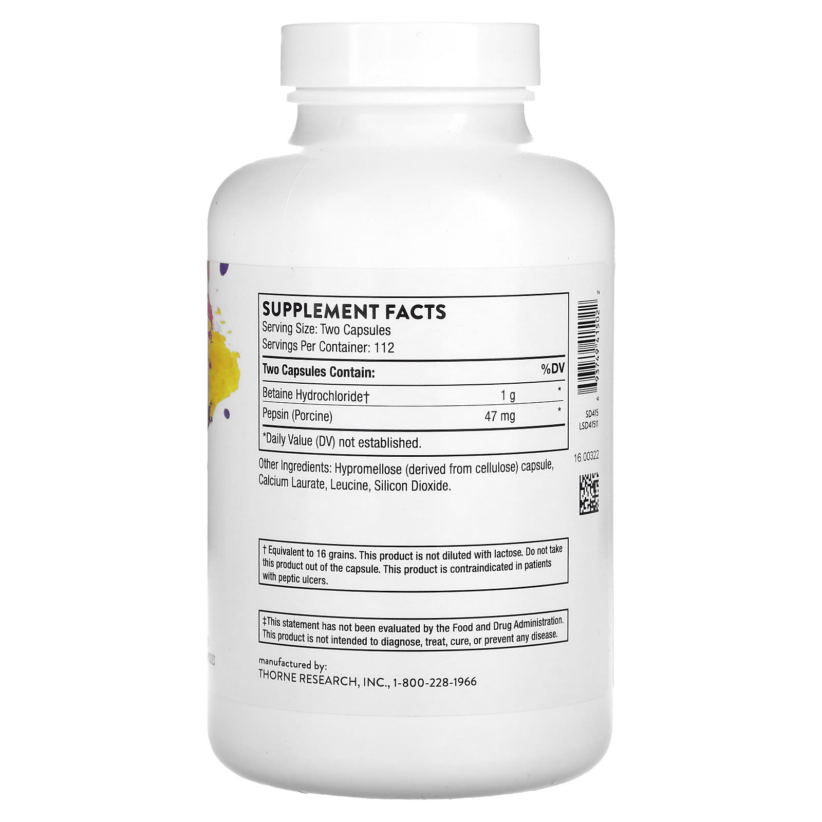 Thorne Research, Betaine HCL & Pepsin, 225 Capsules UPC 693749415022 | HiLife Vitamins