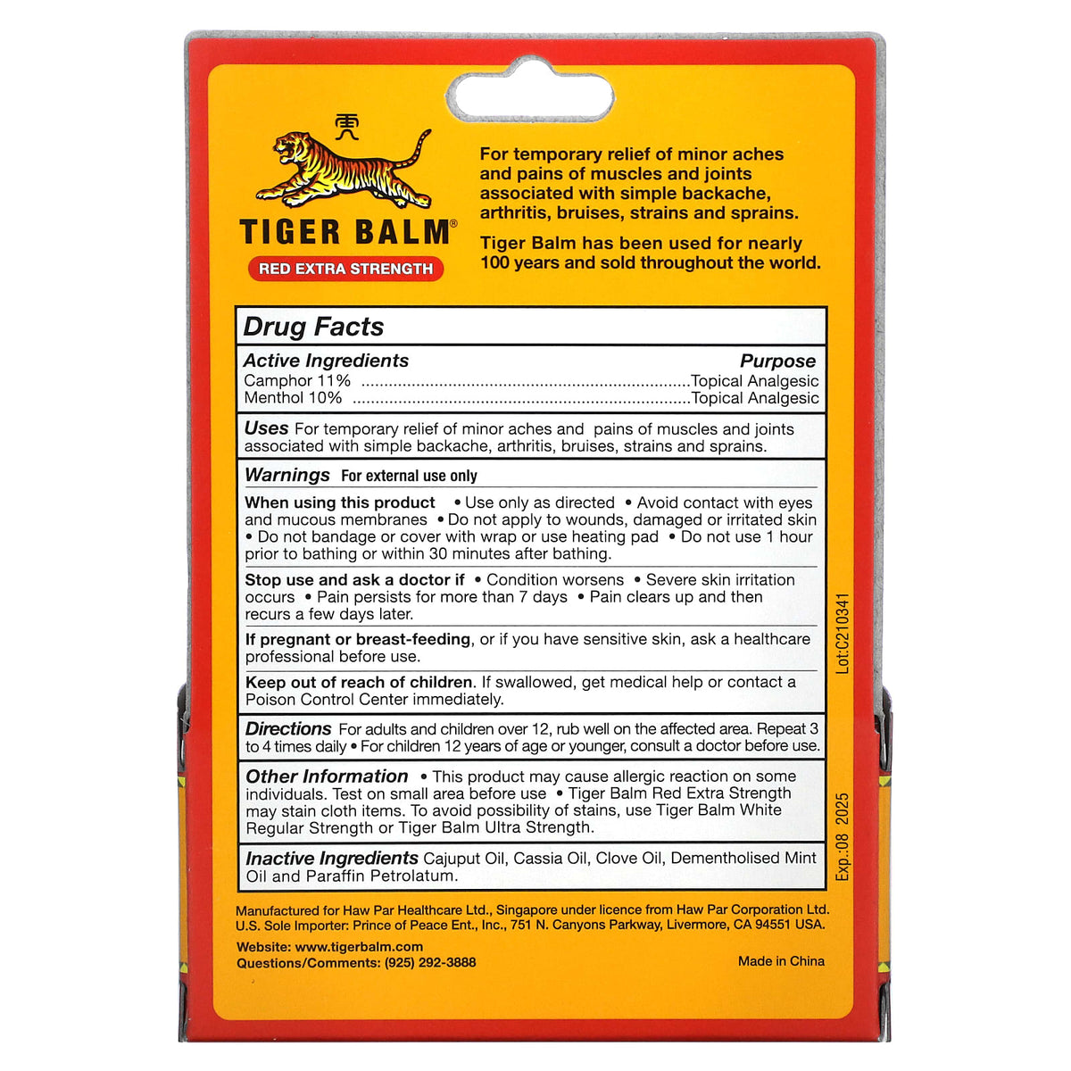 Tiger Balm, Tiger Balm Red X-tra Strength, 0.63 Oz UPC 039278220100 | Hilife Vitamins