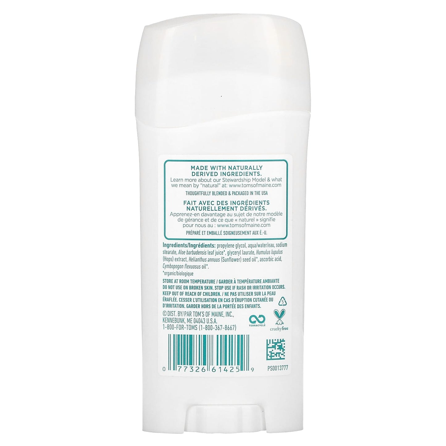 Tom’s Of Maine, Deodorant Stick Long Lasting Unscented, 2.25 Oz UPC 077326614259 | HiLife Vitamins